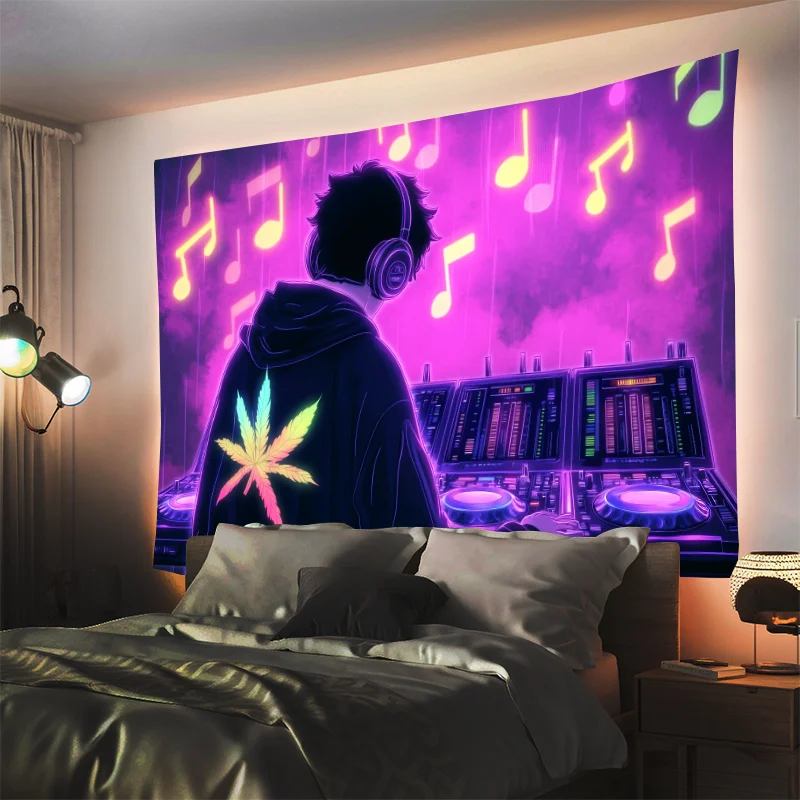 Neon DJ Tapestry, Music Notes Wall Hanging, Purple Gamer Room Decor, Cool Headphones Art Dorm Blanket for Boys Teens
