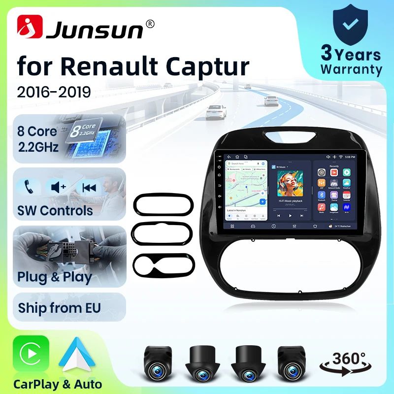 Autoradio Junsun 8 cœurs 4G WiFi pour Renault Captur Kaptur 2016 2017-2019, écran IPS, CarPlay, Android Auto, GPS, Navi, stéréo, SWC, BT, FM, AM, RDS, DSP, 2Din, Mirror Link, lecteur multimédia, commande vocale AI, caméra 360, mise à jour OTA en option, unité principale
