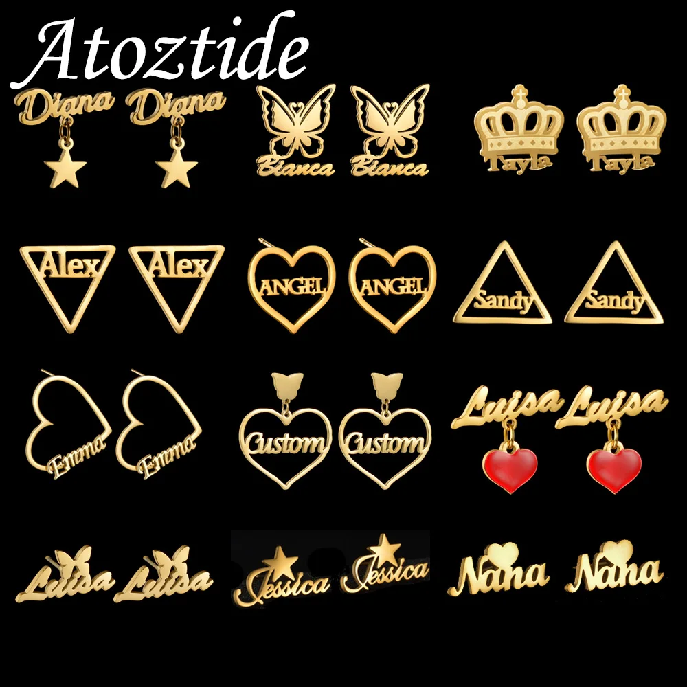 Atoztide Custom Name Stud Earring for Women Frosted Heart Star Stainless Steel Jewelry Trend 2025 Personalized Mother's Day Gift