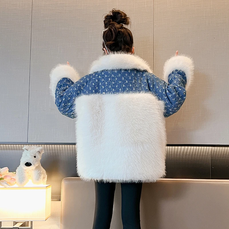 2025 Winter Children's Cowboy Shining Splice Fur Imitation Fur Coat Imitation Rabbit Hair Girl's Cotton Coat Boy's Warm Jacket