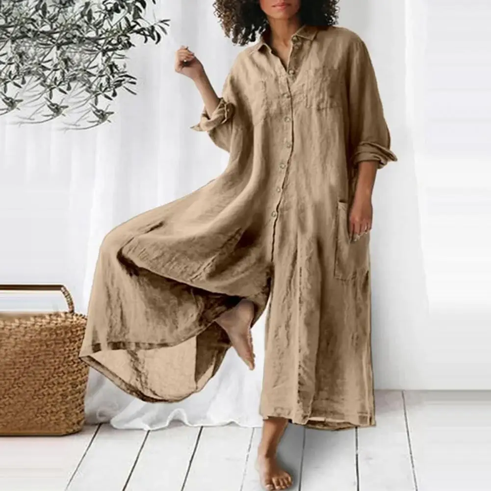 Female Jumpsuit Cotton Linen Long Sleeves Casual Wide Legs Pants Long Romper with Pocket Adults Jumpsuit Dating Wear