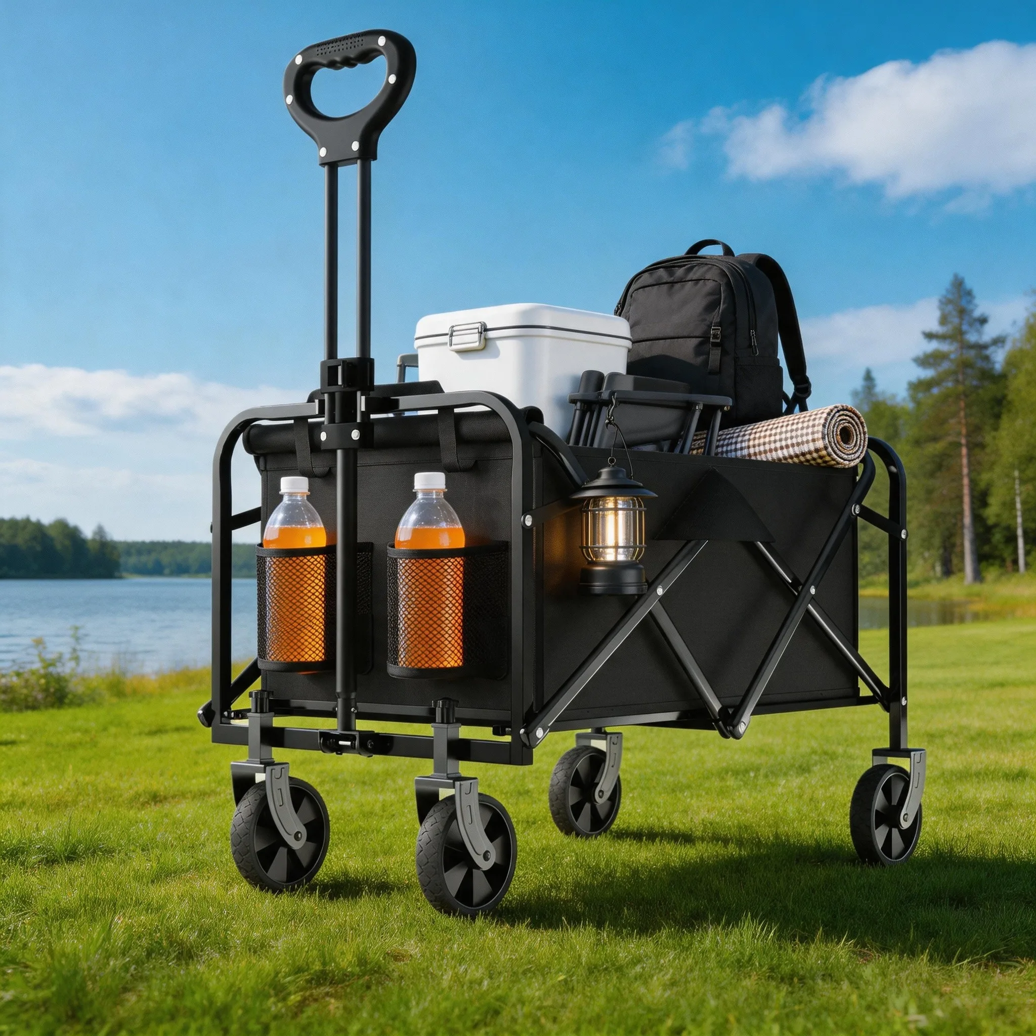 Heavy Duty Folding Utility Wagon Cart with Metal Frame All-Terrain Wheels Black Collapsible Wagon for Camping Beach Sports