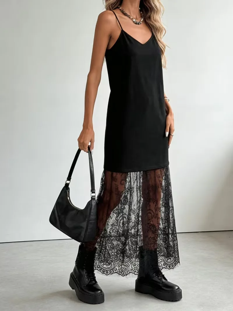 Elegantes, langes, ärmelloses Kleid mit Spaghettiträgern für Damen, verziert mit Spitze, ideal als formelle Kleidung für Partys und Verabredungen. – Detail 4