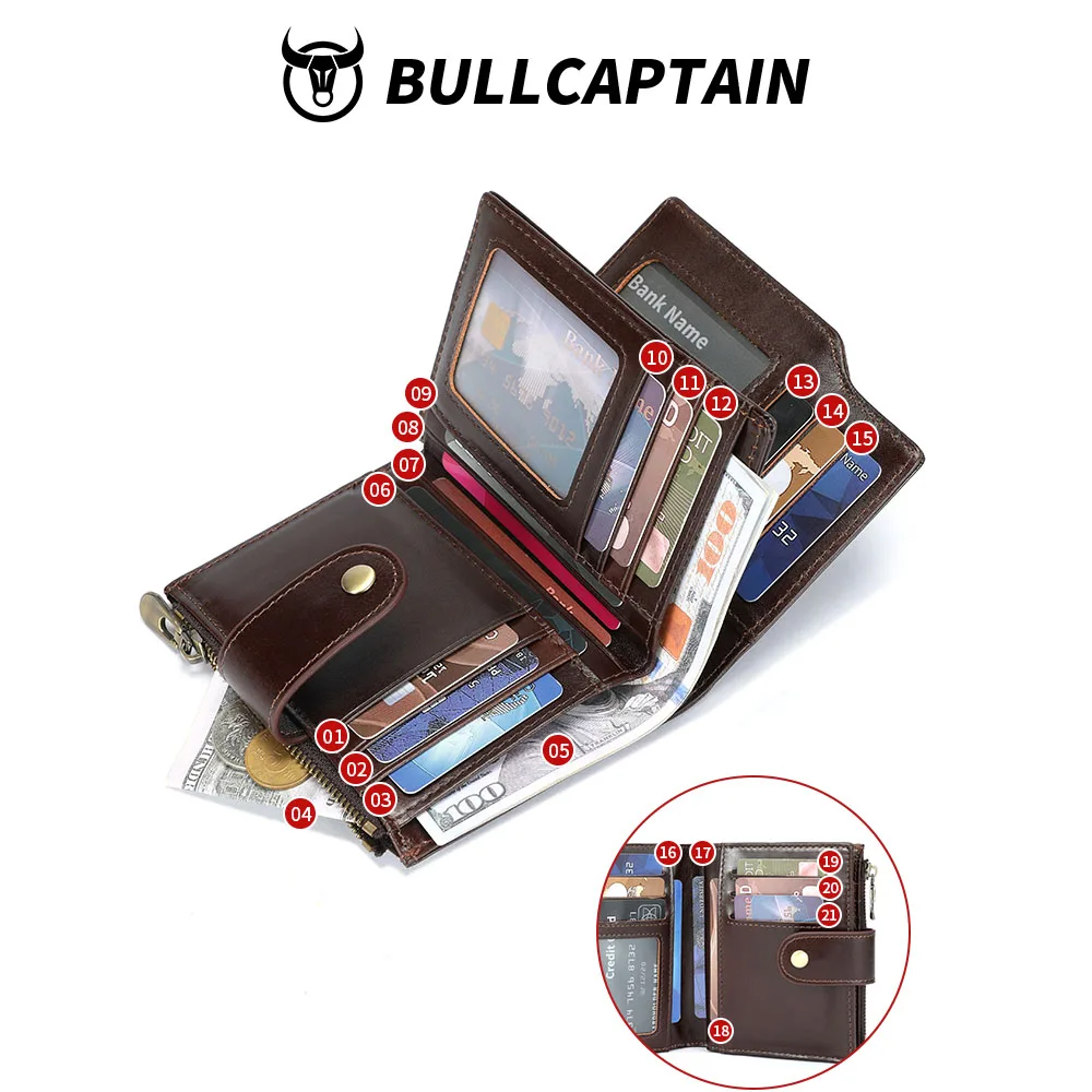 BULLCAPTAIN  Top-GrainLleather Short Wallets for Men RFID Vintage Coin Purse Card Holder Male Money Clip Wallet Bag Handbag