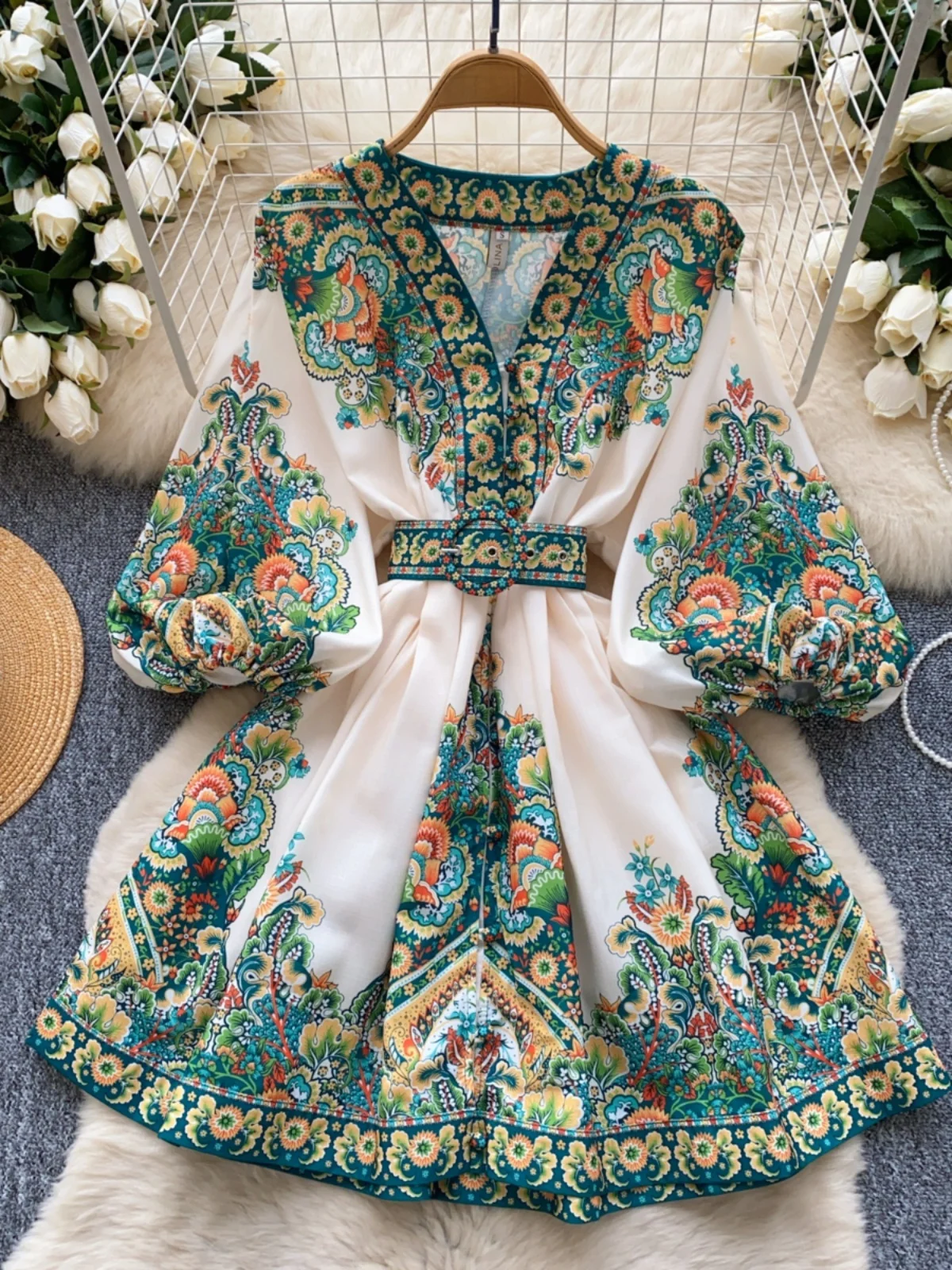 Court Sle Damen Dr Vintage V-ne Single Button Taille Cinch Lantern Sve Print Ort A-Linie Rock Koreanische Version