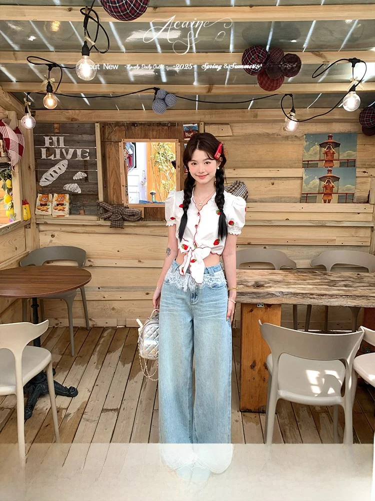 

Blue High Waist Straight Leg Lace Patchwork Wide Leg Jeans Women Summer Korean Sle Loose High Waist Slimming Pants