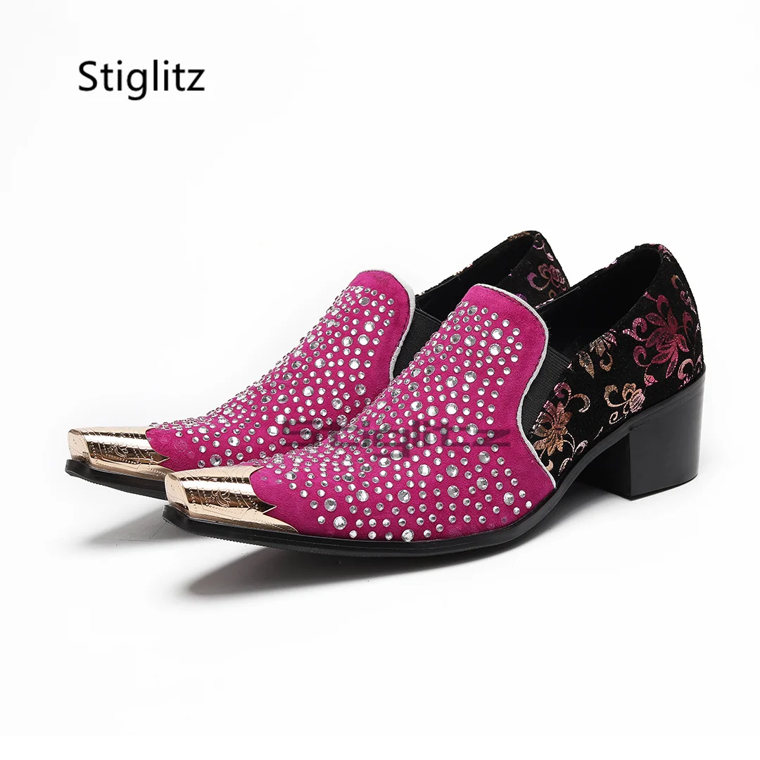 Luxury Rhinestone Dress Shoes for Men High Heels Suede Leather Prints Mixed Color Metal Pointed Toe Business Party Runway Shoes