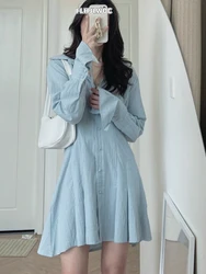 A Lin Cute Mini Date Dresses 2022 Women Korea Japanese Style Design Single-Breasted Retro Vintage Blue White Button Shirt Dress