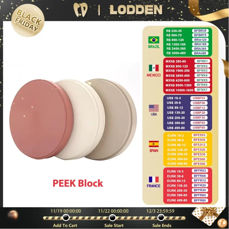 Dental Lab PEEK Block 98mm * 14mm-25mm CAD CAM Dentures Material for Dental Stent Crown Oral Cavity Repair Orthodontics