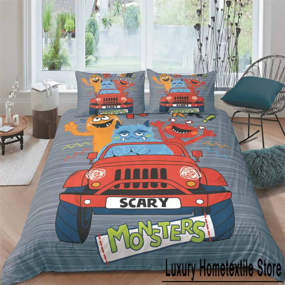 Monster Car King Queen Duvet Cover Cartoon Bedding Set for Boys Lovely Toy Truck Comforter Cover 2/3pcs Polyester Quilt Cover