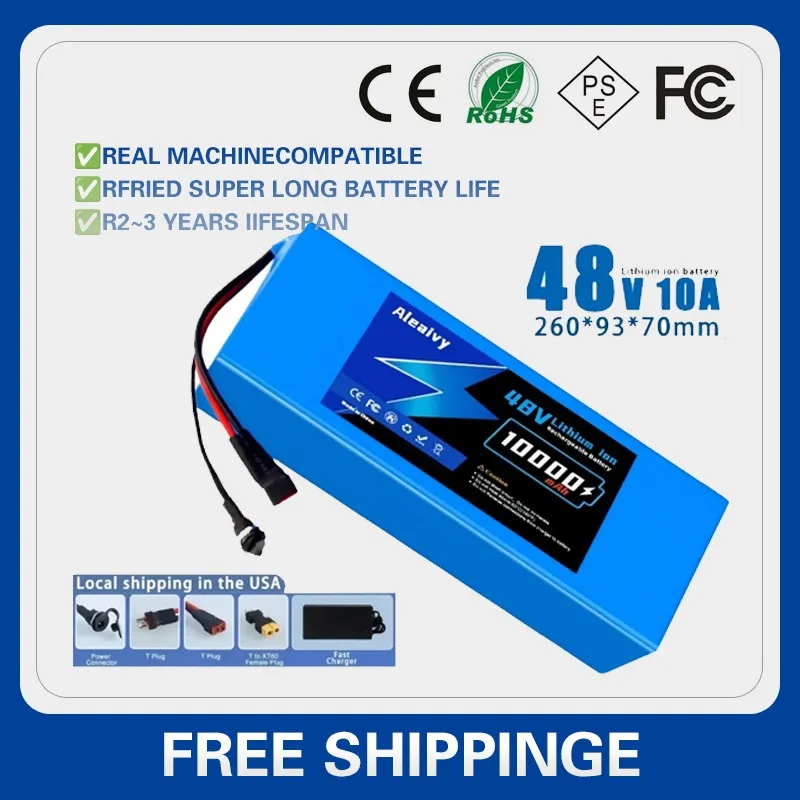 

Aleaivy 48V 10Ah Electric Bike Lithium Battery Pack 10000mAh Li ion Ebike Battery for Bicycle Scooter Motorcycle with Charger