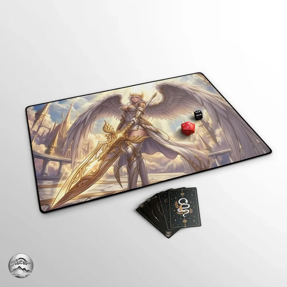 Angel TCG Playmat, EDH Zones, Anime Angel Game Mat With Premium Stitched Edges, Large Extended Mat, Celestial Warrior
