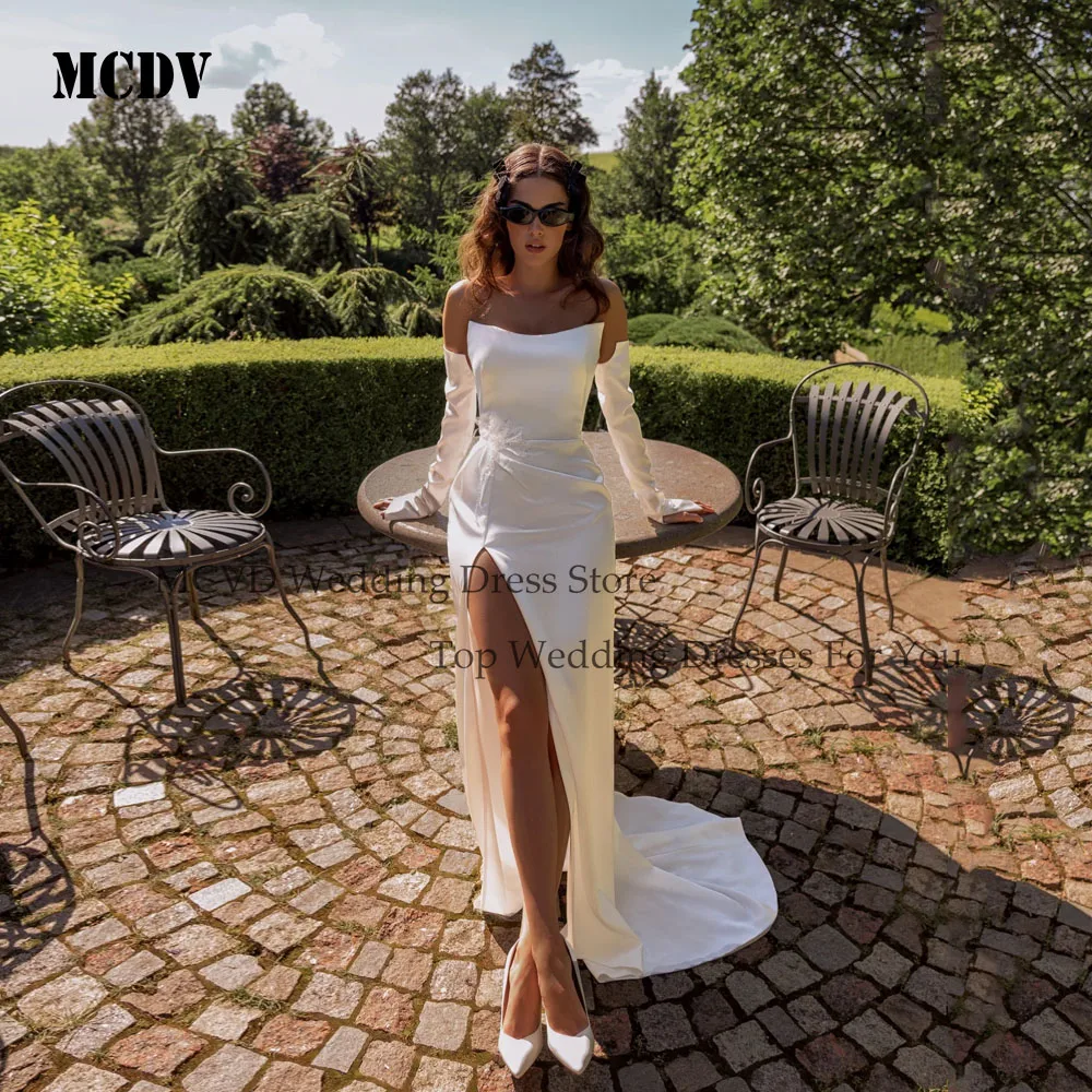 

MCDV Sexy High Split Wedding Party Gowns Strapless Mermaid Flowers Satin Wedding Dresses Luxury 2025 Customized vestido novia