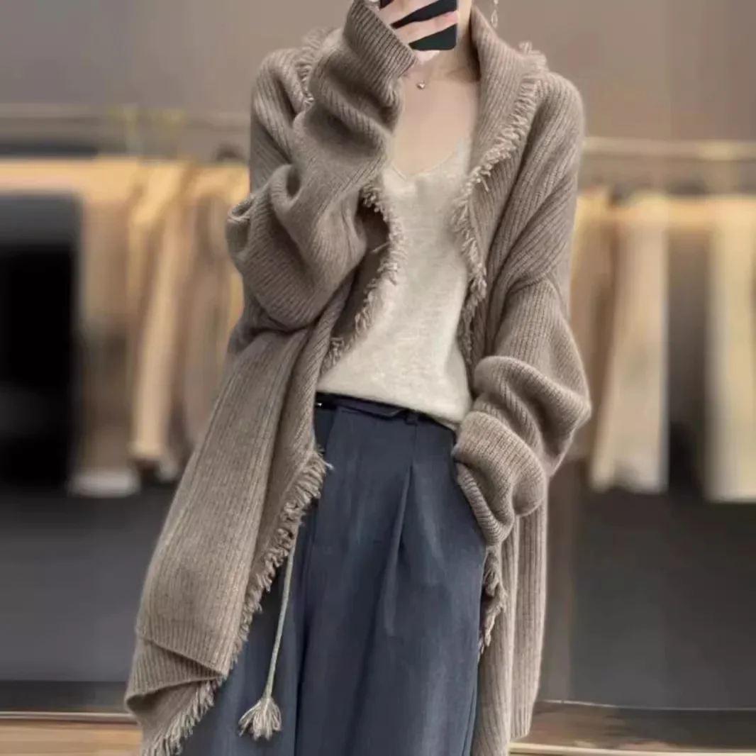 SuperAen Tassel Knitting Cardigan Coats Women's Autumn and Winter 2024 New Korean Style Waist Loose Casual Sweater Coats