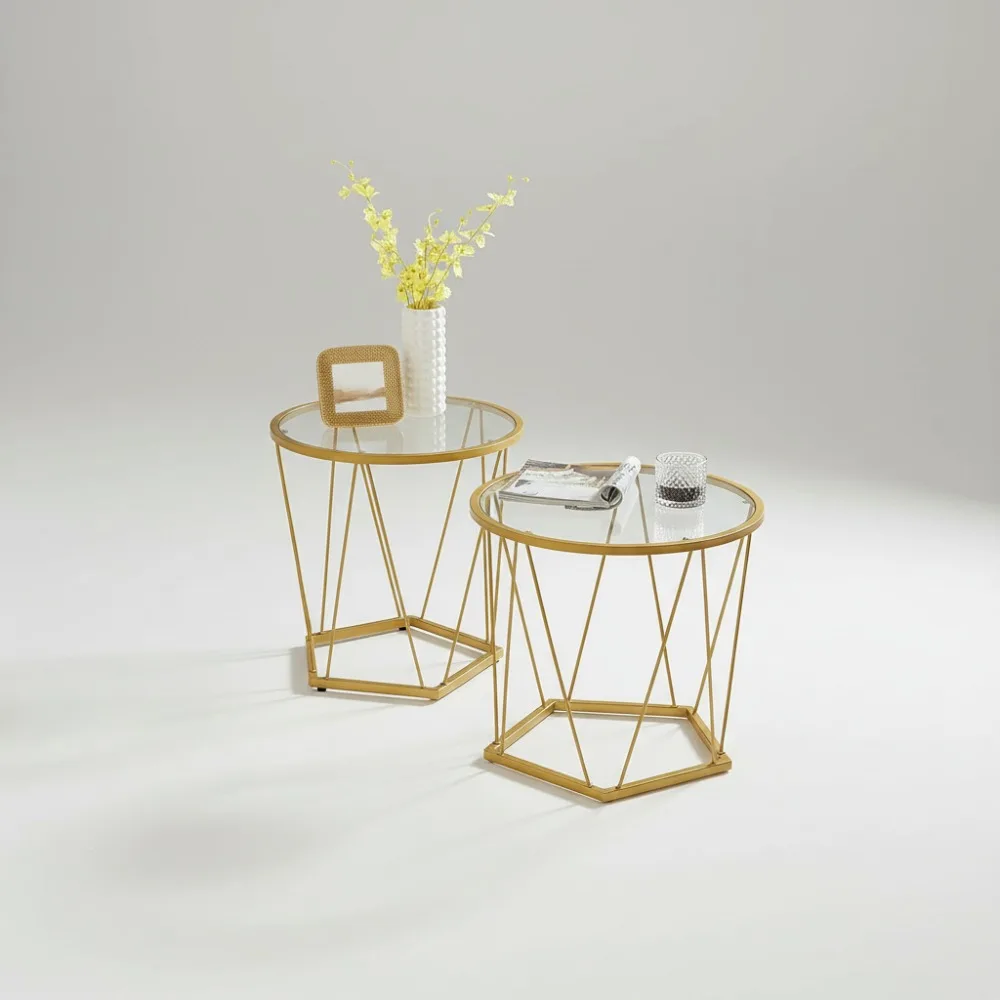 

Modern Round Coffee Table Set of 2, Gold Metal Frame & Glass Top, Space-Saving Nesting Design for Living Room & Bedroom