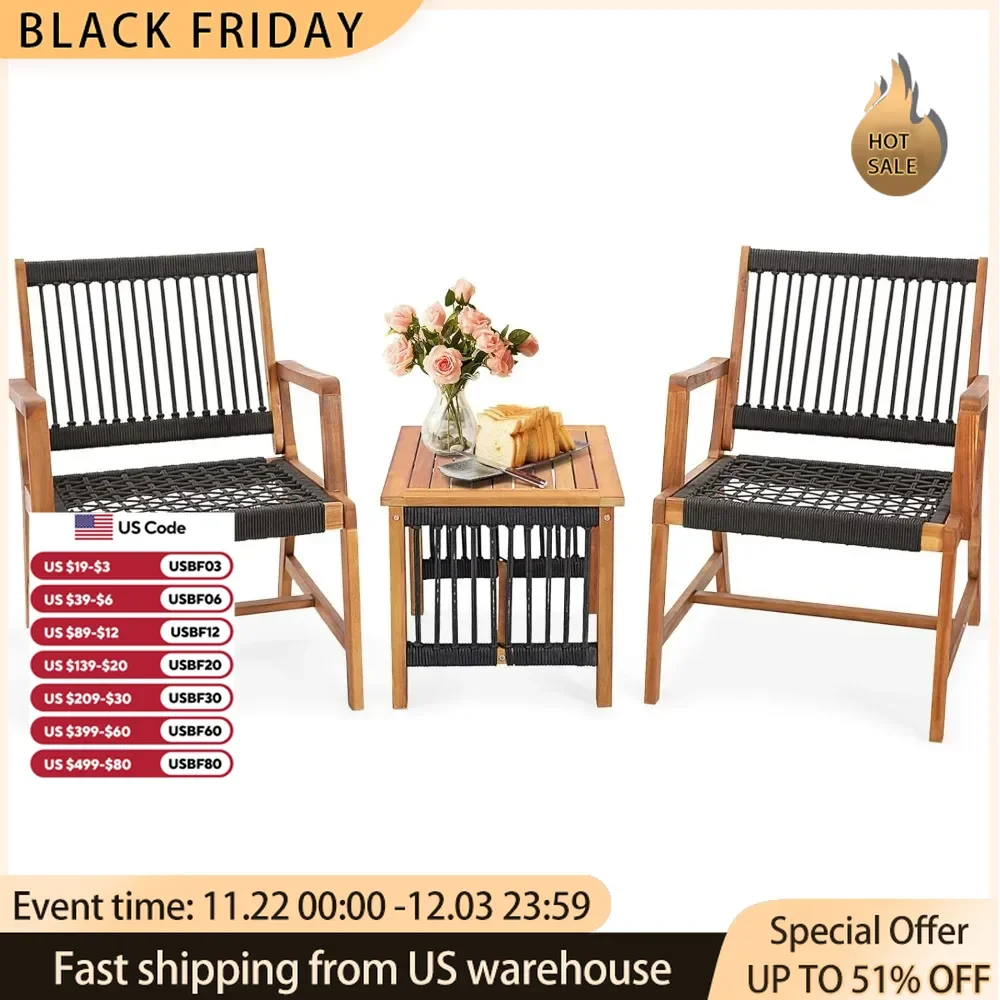 3Pieces Wood Outdoor Furniture Set,All-Weather Rope Woven Bistro Set with Armchairs and Coffee Tablefor Front Porch,Deck,Balcony