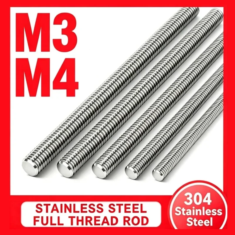 2-50pcs M3 M4 Threaded Rod 304 Stainless Steel Screw Fully Metric Headless Bolt Thread Stud Rods Screws Length 16-500mm