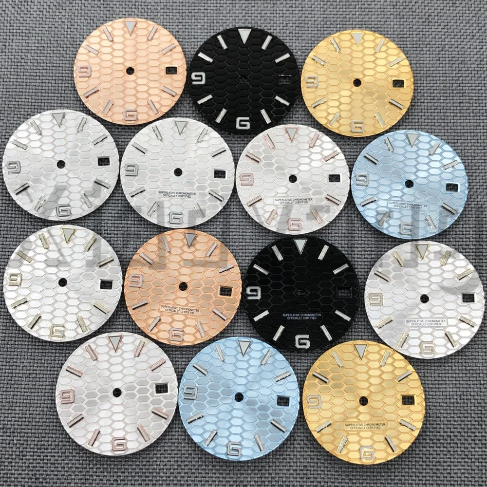 

Циферблат часов с сотовым узором 29 мм, белая роза, ледяной синий циферблат с зеленым светом, подходит для NH35, часть часов с автоматическим механизмом