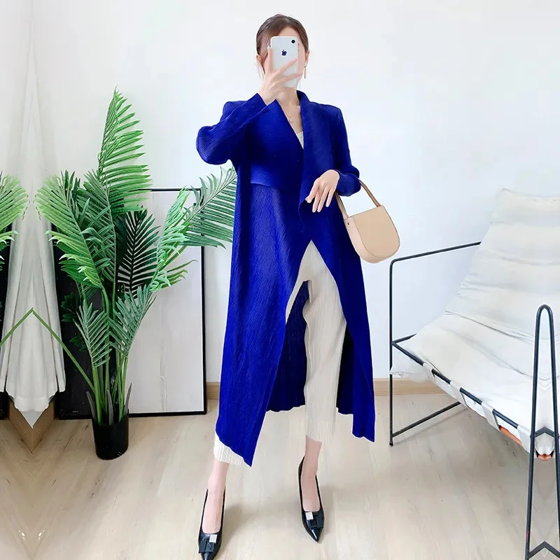 

2024 Pleated Fashion Long Trench Coat Loose Windbreaker Lapel Long Sleeve Cardigan Coat Tops Spring Autumn Sunscreen Outwear