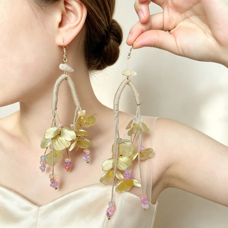 Bohemian Rope Arch Drop Earrings Layered Metallic Flower Petal Tassel Dangle Jewelry Trendy Summer Beach Accessories For Women