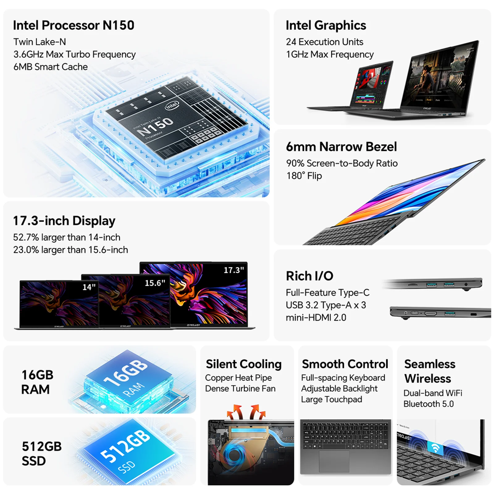 كمبيوتر محمول Teclast F17 Plus 2025 بشاشة 17.3 بوصة Intel N150 وذاكرة وصول عشوائي 16 جيجابايت وذاكرة وصول عشوائي 512 جيجابايت SSD ونظام التشغيل Windows 11 Pro 180 °   أجهزة الكمبيوتر المحمولة الصغيرة HDMI USB3.2 الوجه
