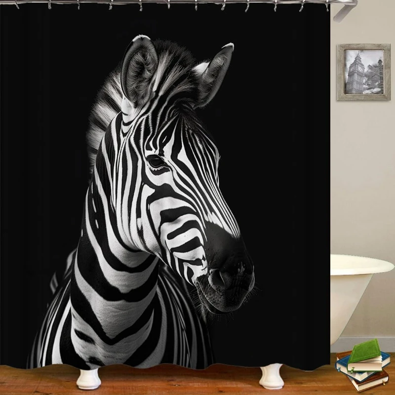 

Black and White Zebra Portrait Shower Curtain, Realistic Zebra Head on Dark Background, Waterproof Fabric Bathroom Curtain