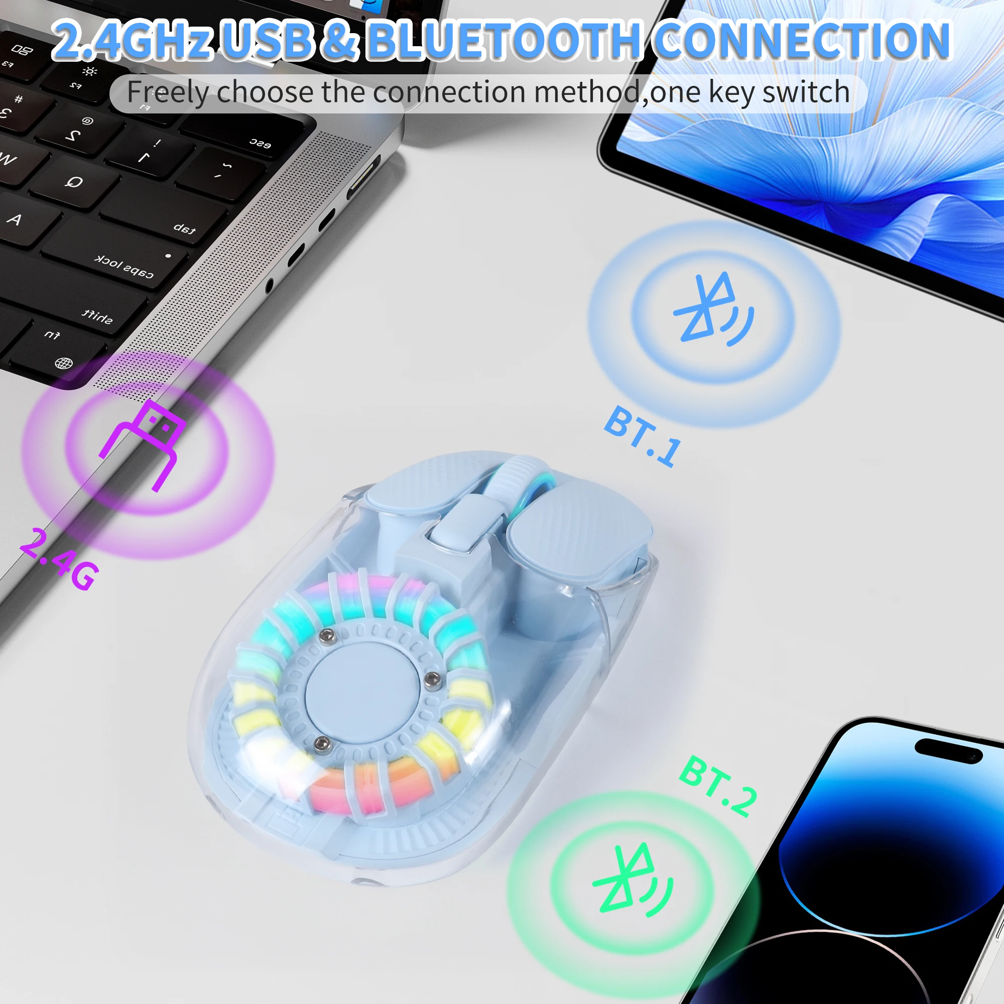 

2.4G+Bluetooth Dual-Mode Wireless Small Mouse RGB Flow Light Magnetic Transparent Shell Type-C Rechargeable Mice For Win/Mac