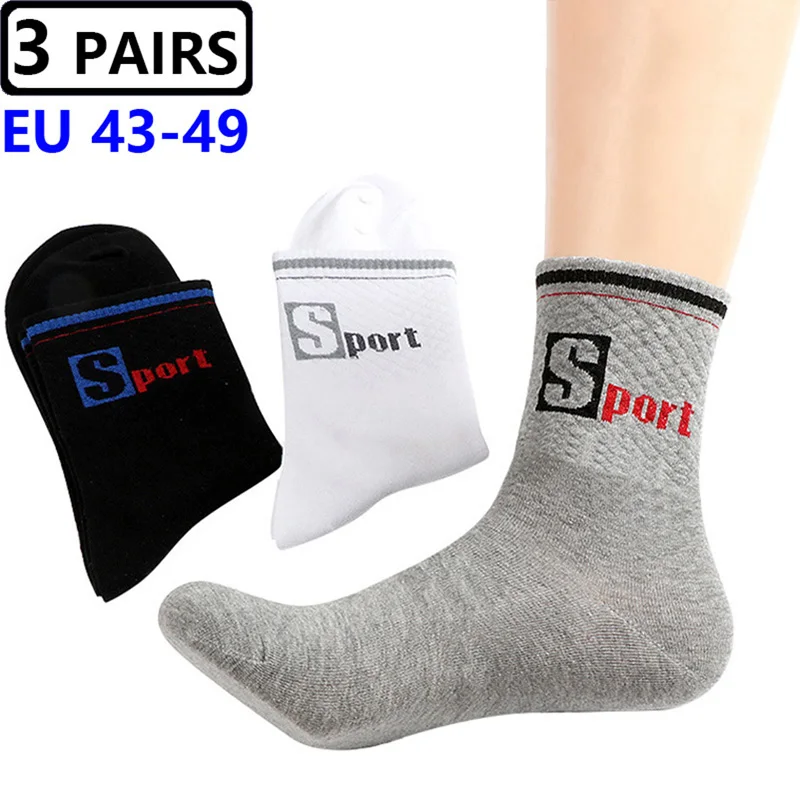 3 Pairs/Pack Big Enough Socks EU47,48,49 Sports Mid Socks Men's Plus Size Combed Cotton Compression Socks Meias Calcetines Male