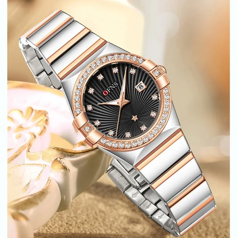 OFNS 1569 Quartz Womens Watch with Diamond Inlaid Calendar Waterproof Watches for Women Часы Женские Наручные