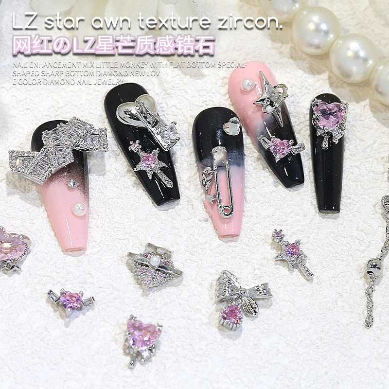 3PCS Luxury Shiny Pink Zircon Angel Love Starlights Ribbon Pendant Silver Alloy Nail Art Rhinestones Decorations Manicure Charms