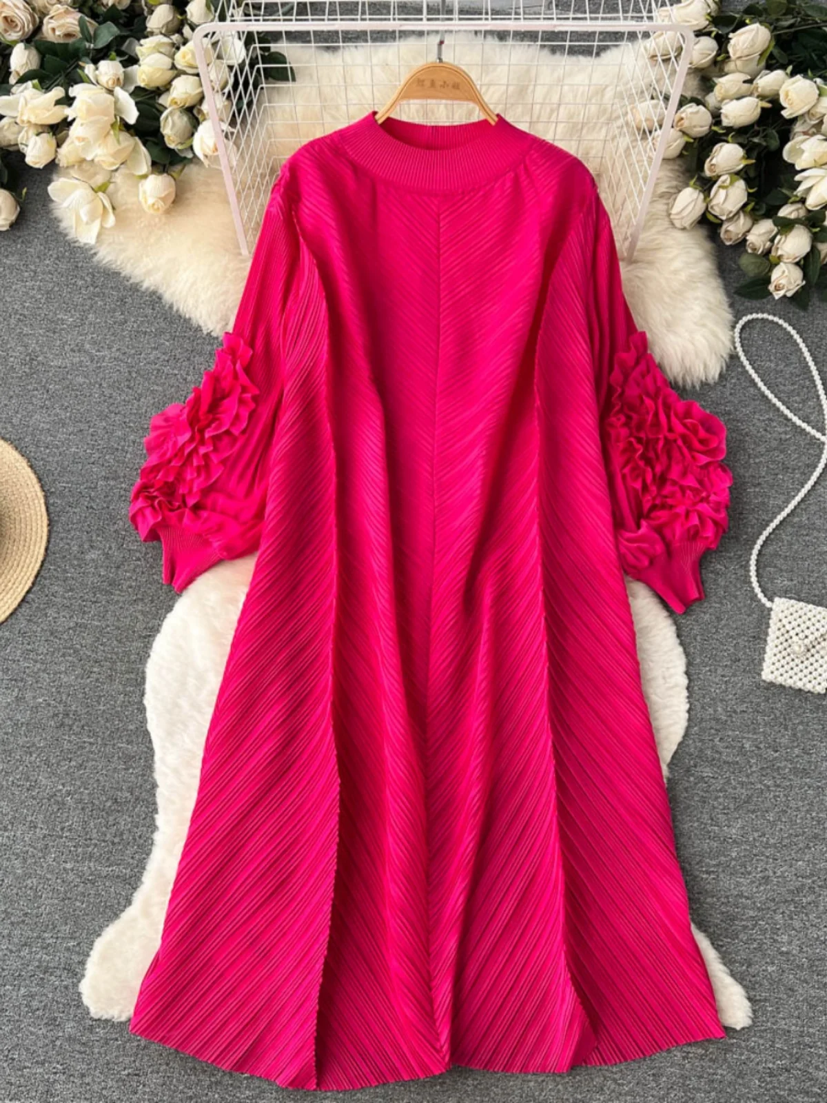 European and American Hong Style Design Niche Ruffled Puff Sleeve Mid-Length Dress Women's Loose Texture Girl's