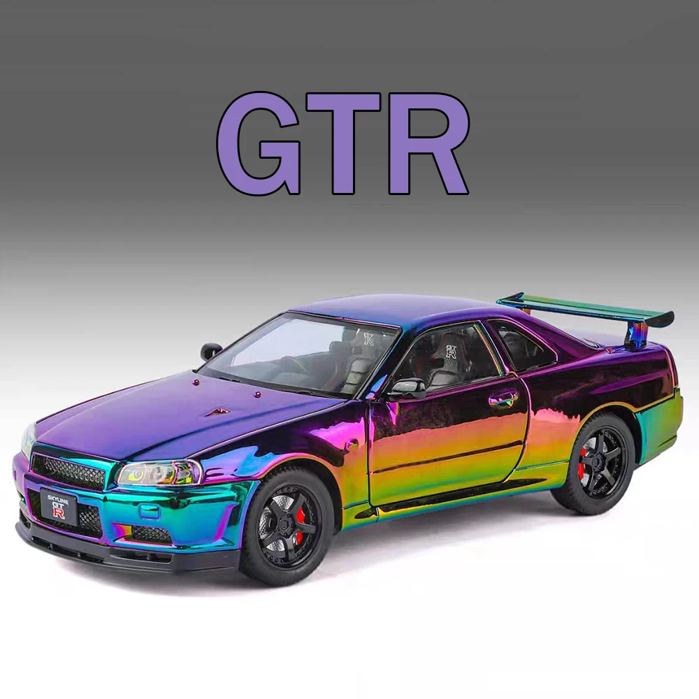 รถของเล่นอัลลอยด์ GTR SKYLINE GTR-R34 ขนาด 1:24 แบบจำลองรถยนต์ ประตูเปิดได้ รถจิ๋ว ล้อแบบดึงถอยหลัง รถซูเปอร์คาร์ ของขวัญวันเด็ก
