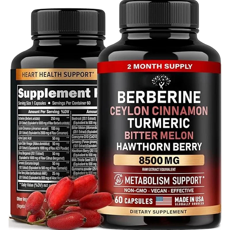 Berberine|ceylon Cinnamon|apple Cider Vinegar Acv || Coenzyme Q10 || Lipoic Acid - Containing Hawthorn Berries, 60 Capsules