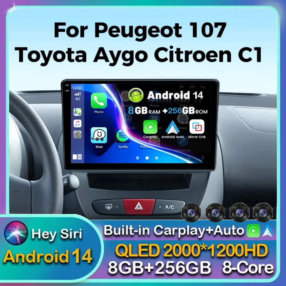 Android 14 Multimedia Player For Peugeot 107 Toyota Aygo Citroen C1 2005-2014 Navigation Carplay Auto Stereo Car Radio Head Unit 