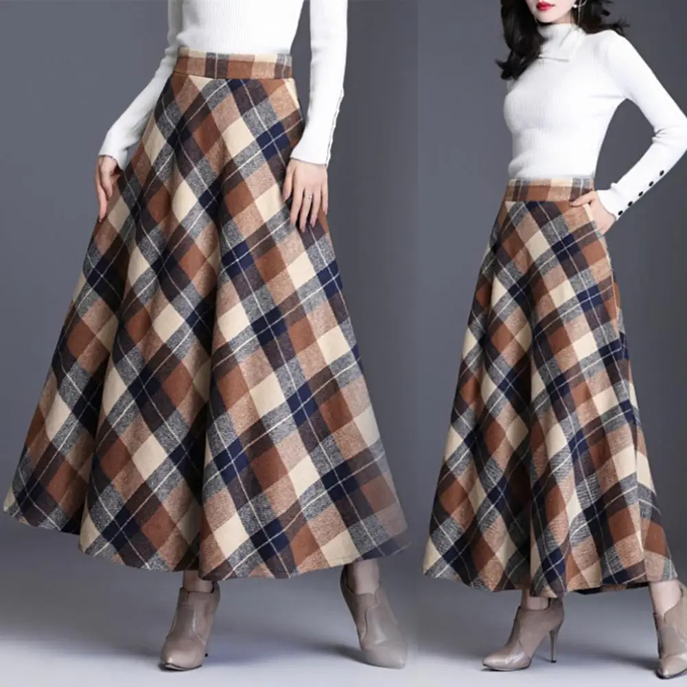 

Plaid Print A-line Skirt Plaid Print Woolen Skirt for Women High Waist A-line Style with Hem Thickened Winter Skirt for Wear