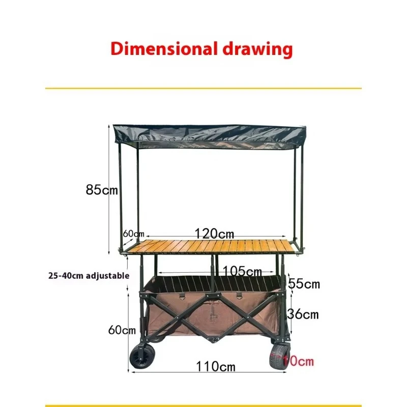 Adjustable folding snack cart stall picnic camping cart with a 120cm table and outdoor sunshade