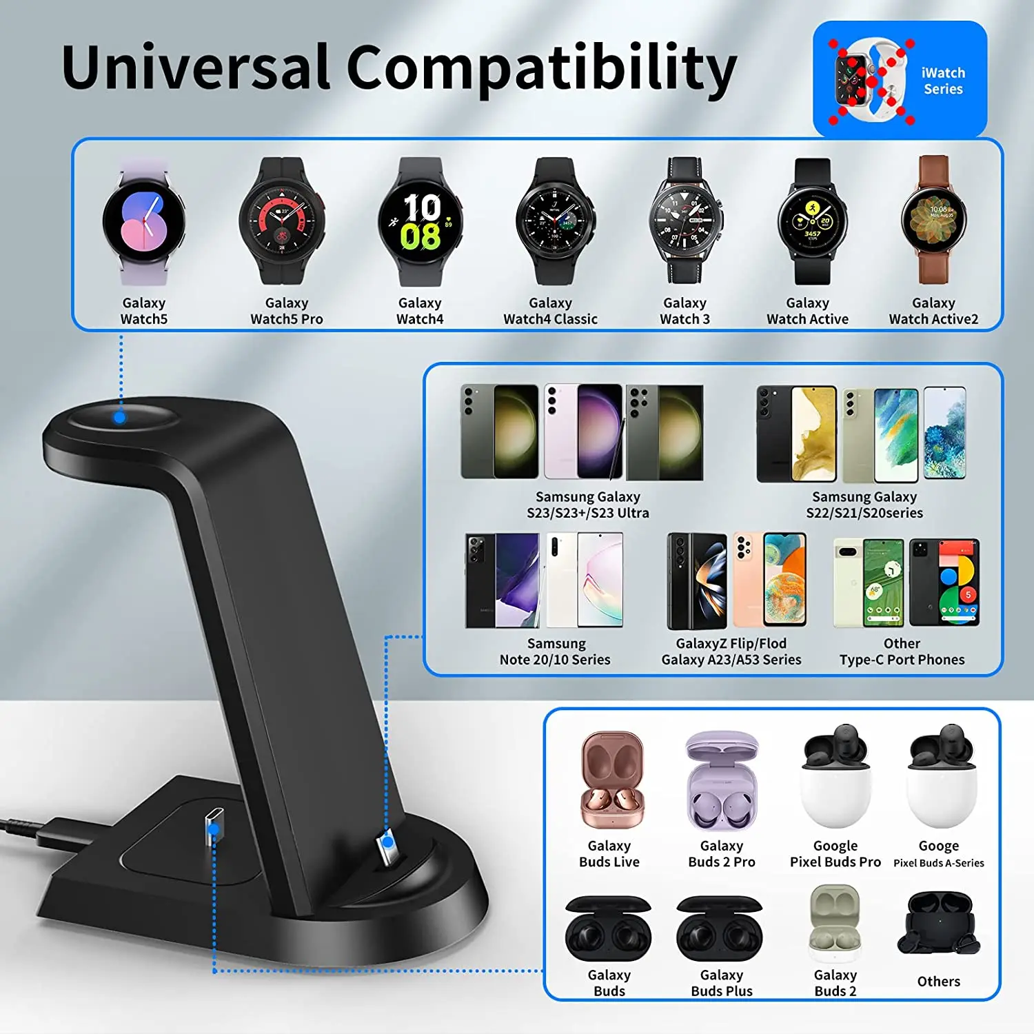 Caricabatterie Wireless Super veloce da 25W 3 in 1 per Samsung S23 Ultra S22 S21 S20 Galaxy 5 4 3 Active 2 Watch auricolari stazione di ricarica