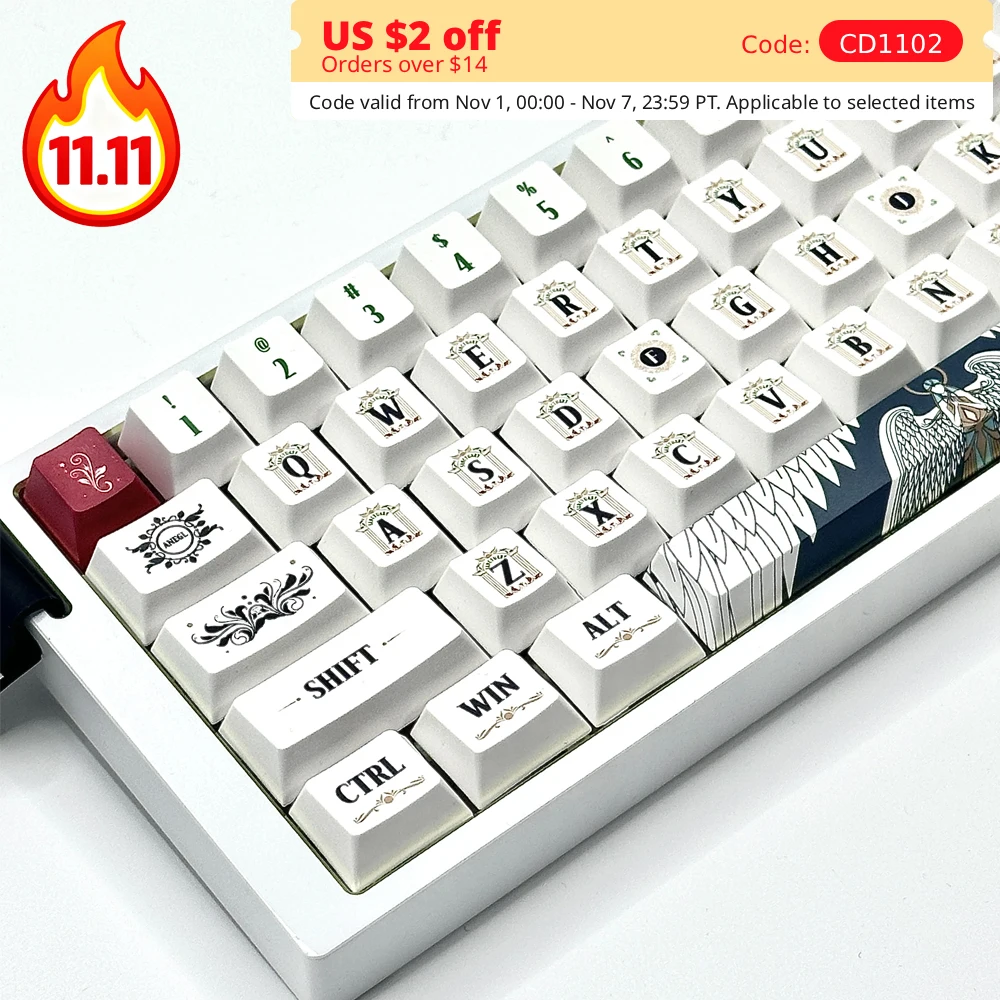 Angel's Wings Keycaps Mechanical Keyboard PBT Keycap No Backlit White Green Red Color Keycap Russia Language Keys Cap
