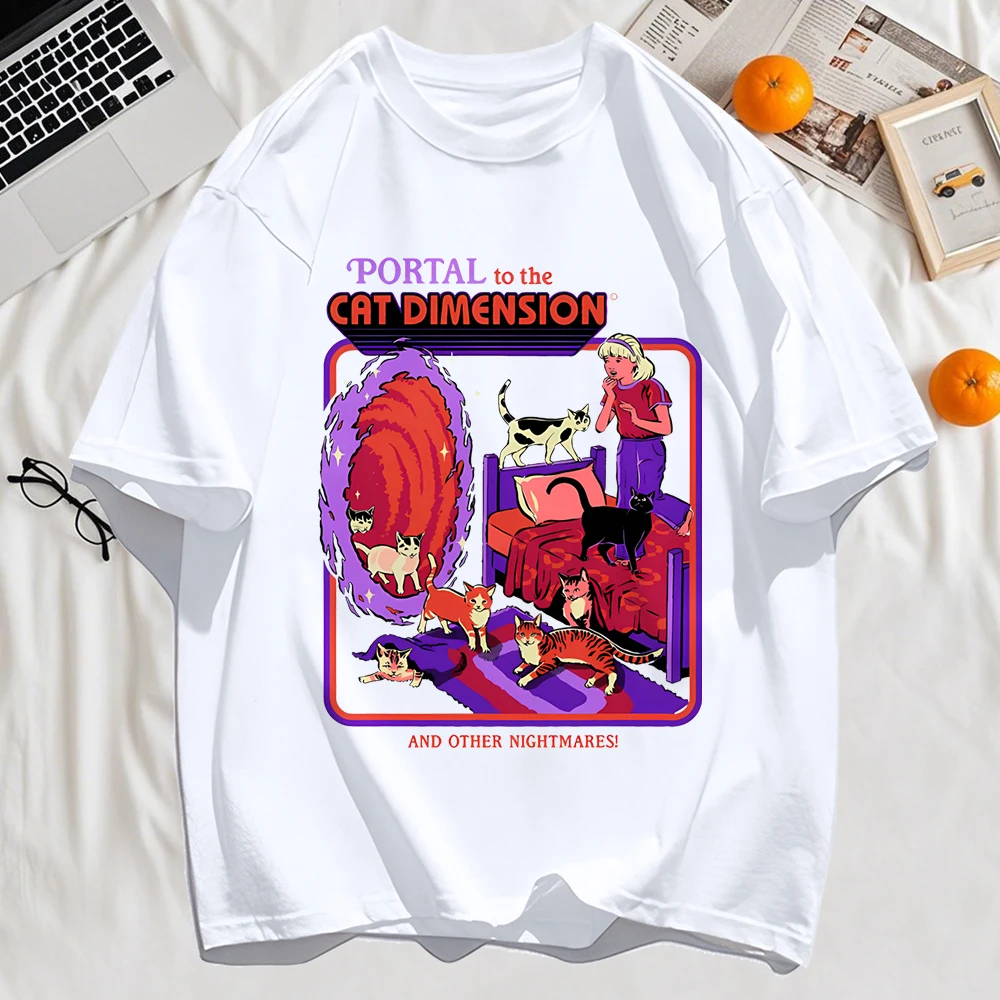 Portal To The Cat Dimension Print Mens Basics T Shirt Hip Hop All-Match T-Shirt Casual Cotton Clothes Unisex Loose Summer Tops
