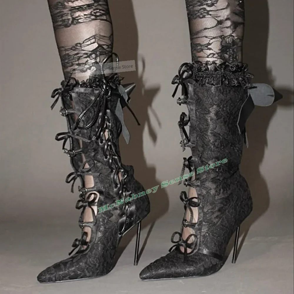 

Сапоги с сетчатым шнуровкой и бантом, женская обувь на тонком высоком каблуке с острым носком, летние сапоги до середины икры, полые однотонные дизайнерские повседневные туфли для вечеринок