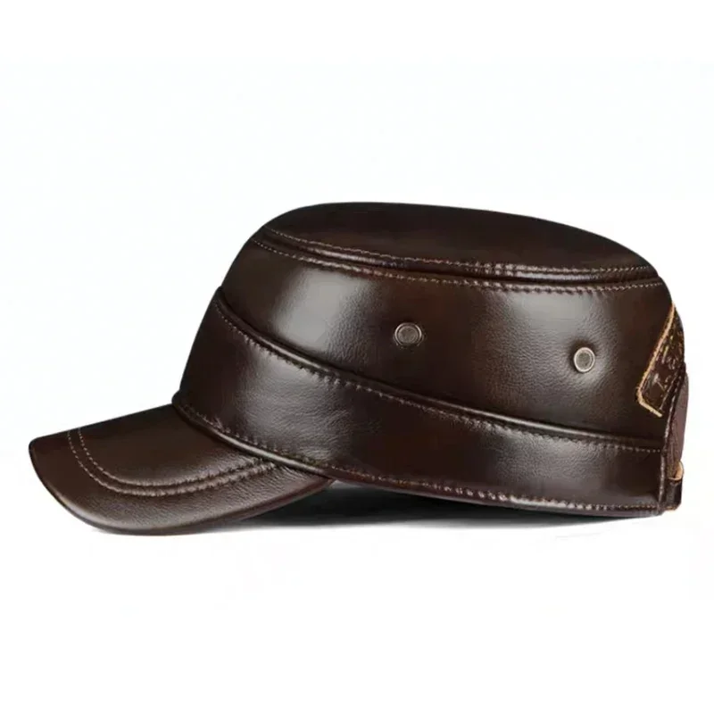 Leather First Layer Cowhide Cap Men Flat Caps Army Military Hat Elegant Man Baseball Cap Adjustable Ear Warm Dark Brown