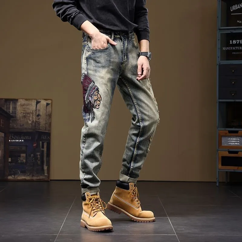 New 2026 Men's Slim Fit Jeans Premium Embroidery Trendy Brand Hole Punching Comfortable Cotton Casual Straight Leg Trousers