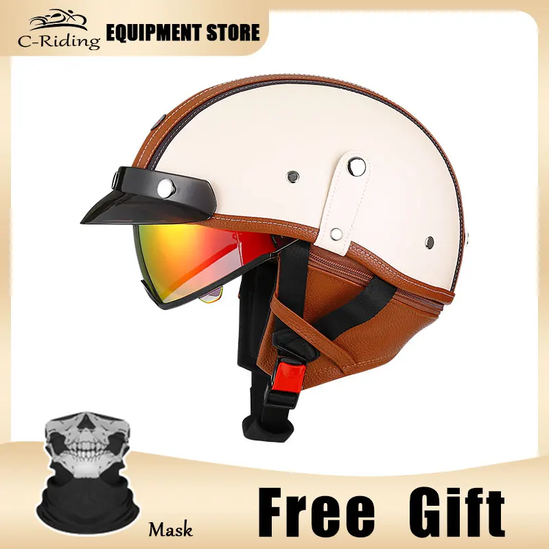 

2025 New Genuine Leather Half Helmet Half Face Helmet Retro Cruiser Bike Helmet for Men with Colorful Sun Visor