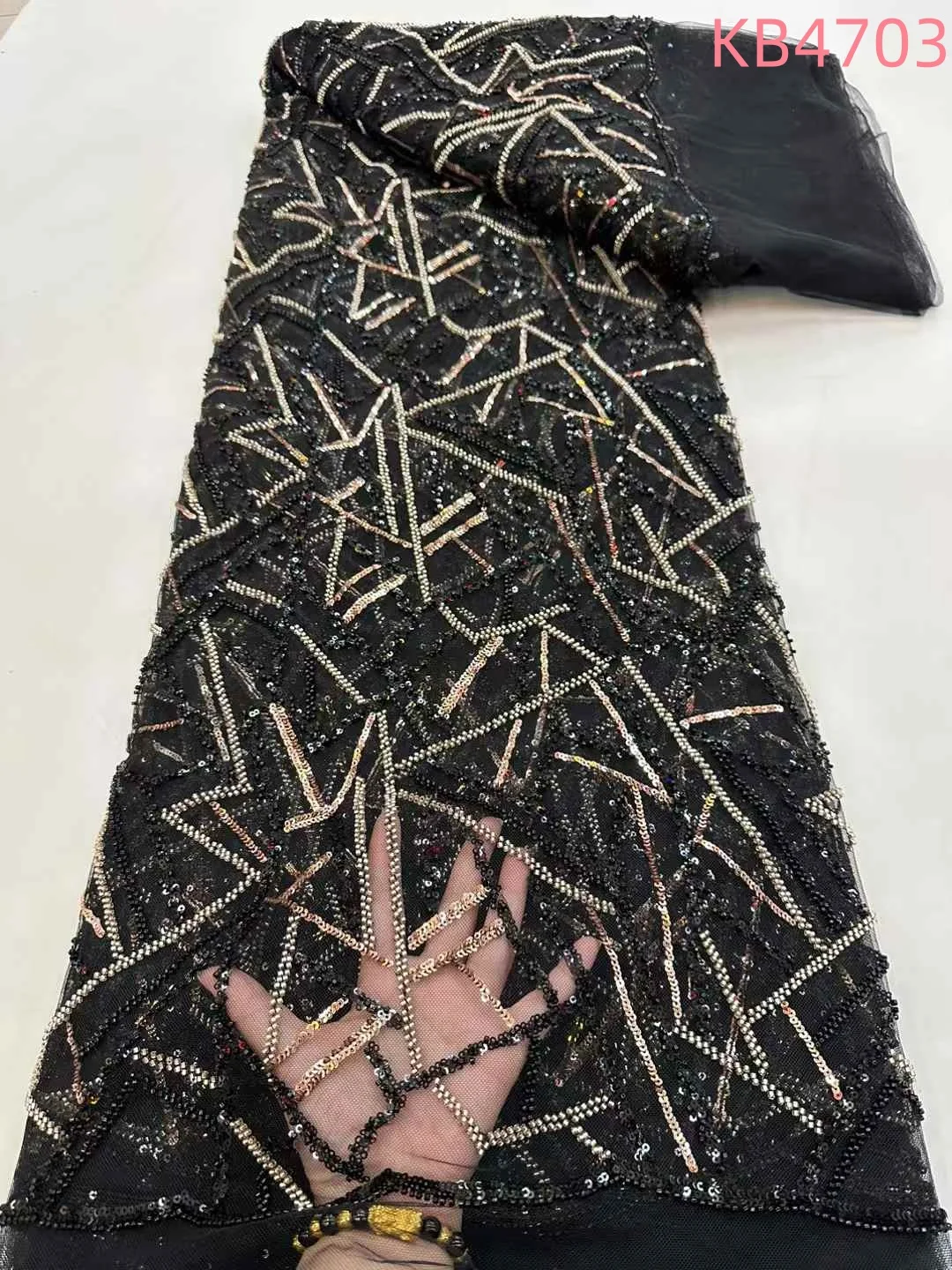 

High Quality 5 Yards Nigerian Gold Sequins Lace Fabric Beaded French Mesh Lace Fabric Tulle Lace For Wedding Dress Sewing KB4703