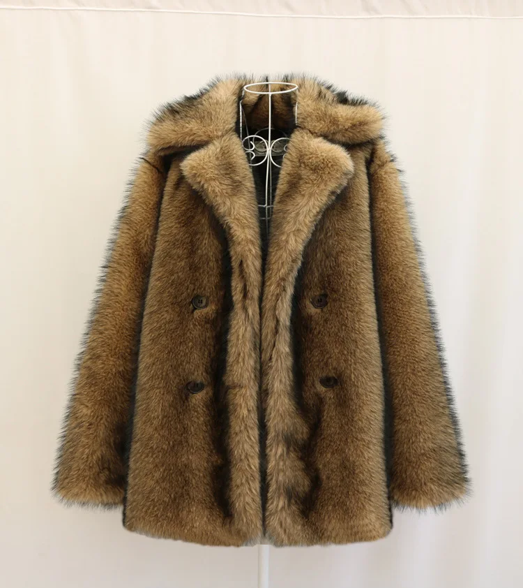 Men Faux Fur Coats Full Sleeve Coat Thick Warm Turn Down Collar Streetwear Work Overcoat Open Stitch Outerwear Autumn Winter