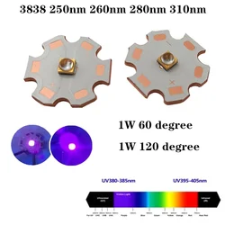 3838 1W UVC UV-C LED  255nm 260nm 305nm 5-7V 150mA Ultra Violet Lamp with  PCB Copper Light Board