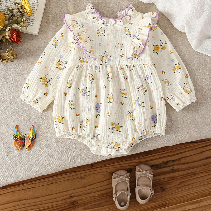 

Newborn Baby Girl Clothing Purple Flowers Cotton Romper Autumn Baby Rompers Long Sleeve Bodysuit Spring Infant Girls Clothes