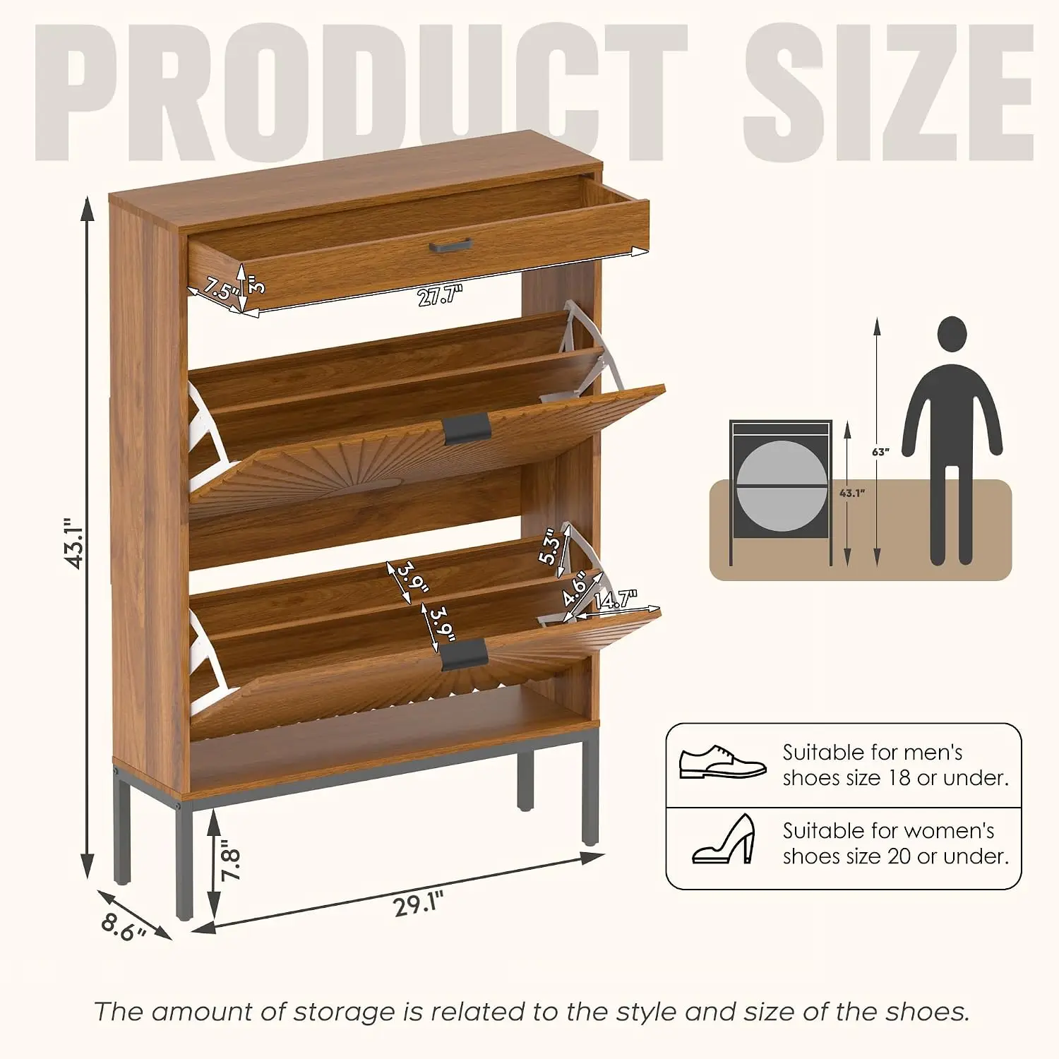Slim Shoe Storage Cabinet 2 Flip Drawers & 1 Small Drawer Sun Pattern Doors Walnut, Customized