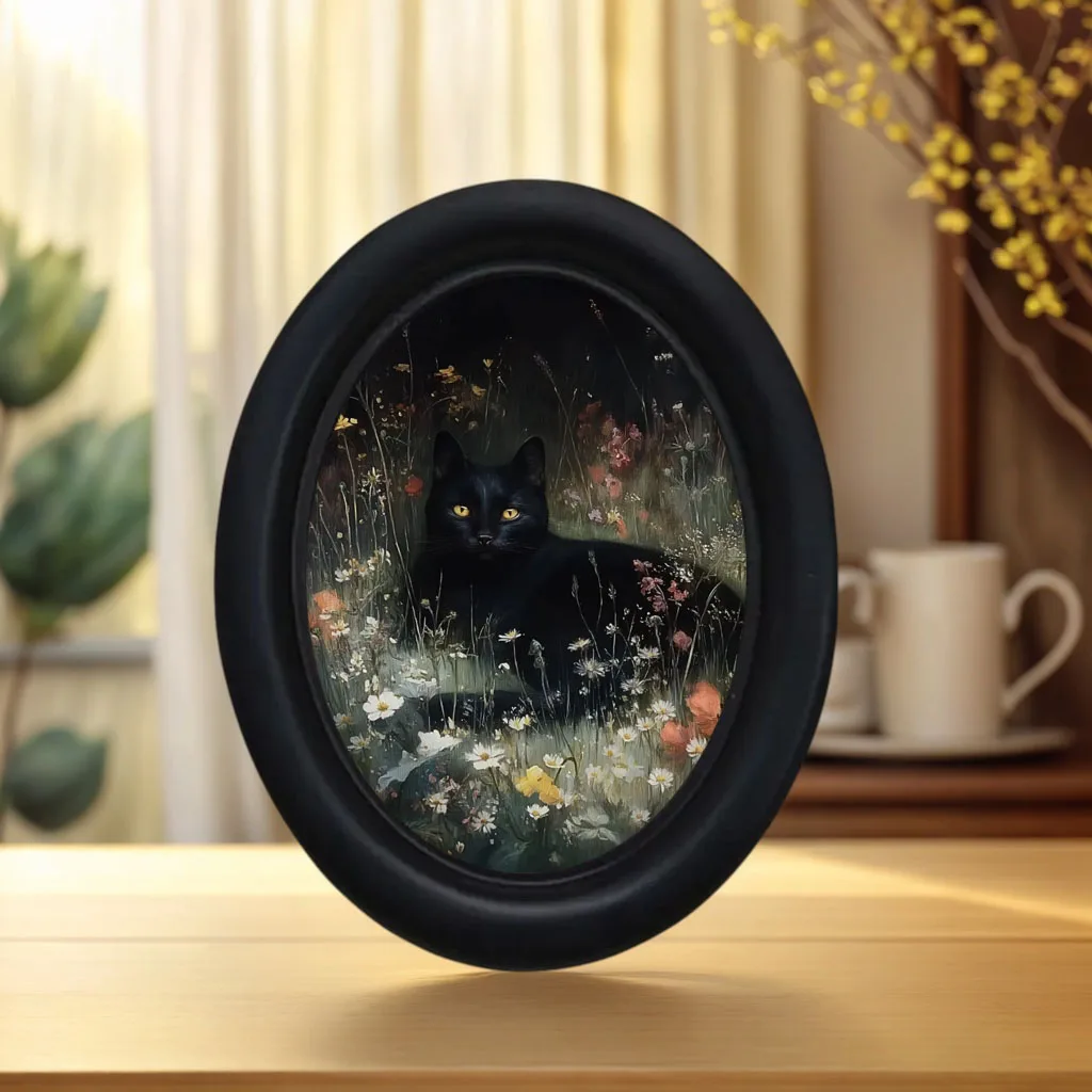 1 Piece of Bohemian Vintage Grassy Wildflower Lying Black Cat Wall Decoration, 3D Oval Wooden Decoration, Halloween and Thanksgiving Holiday Decoration, Suitable for Living Room, Bedroom, Party Occasions, Charming Home Decor Creative Gift