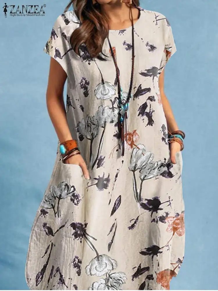 ZANZEA Summer Vintage Women\'s Dress Bohemian Floral Print O-Neck Short Sleeve Sundress Fashion Casual Elegant Holiday Robe 2023